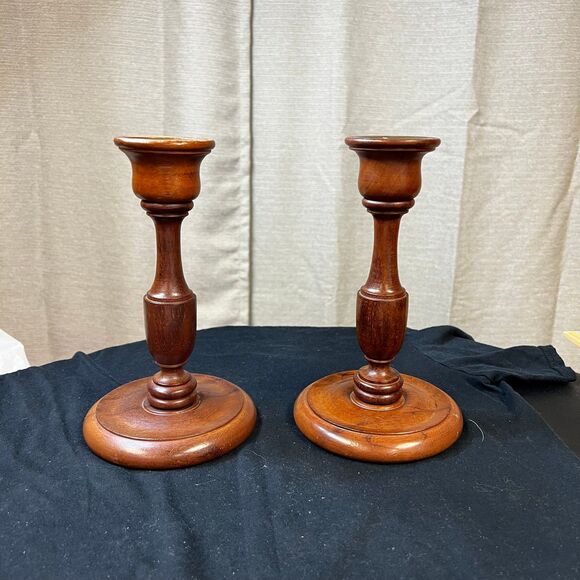 Set of 2 Turned wood Candle Holders with inset brass 1” taper holders - Picture 2 of 6